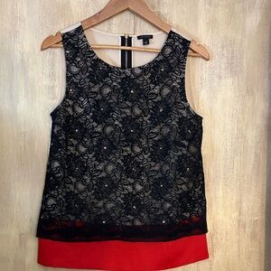 Ann Taylor Black Lace Blouse with Red Trim size 4